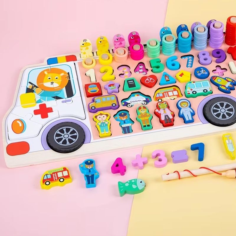 Jucarii, Copii si Bebe - Jucarii si jocuri - Jucarii & jocuri educative - Jocuri si jucarii educative - Jucarie educativa 6 in 1, cu multe accesorii, din lemn, pentru copii 3 ani+, 45x23 cm, multicolor - Infinity.ro