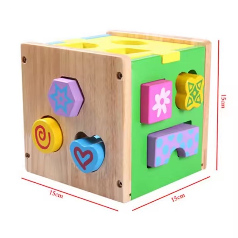 Jucarii, Copii si Bebe - Jucarii si jocuri - Jucarii & jocuri educative - Jocuri si jucarii educative - Cub educativ, de sortare forme si cifre, pentru copii 1 an+, din lemn, 15x15 cm, multicolor - Infinity.ro
