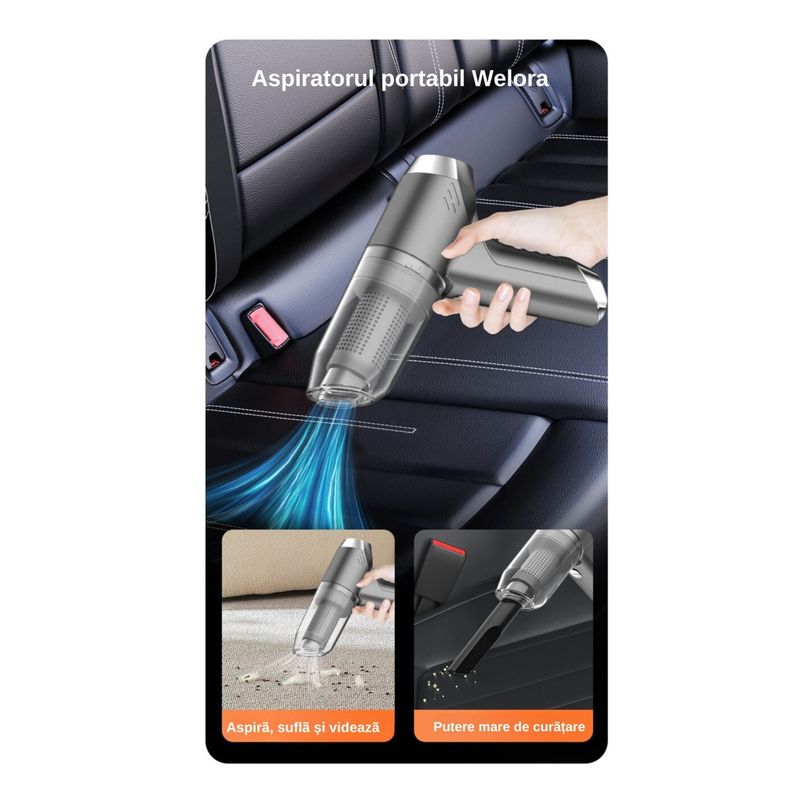 Auto si Moto - Intretinere auto - Aspiratoare auto - Aspirator Auto 3 in 1, Fara Fir, Turbo Duster, 4000PA, 120W, Baterie 2000mAh, 2 Trepte, Filtru HEPA, Negru - Infinity.ro