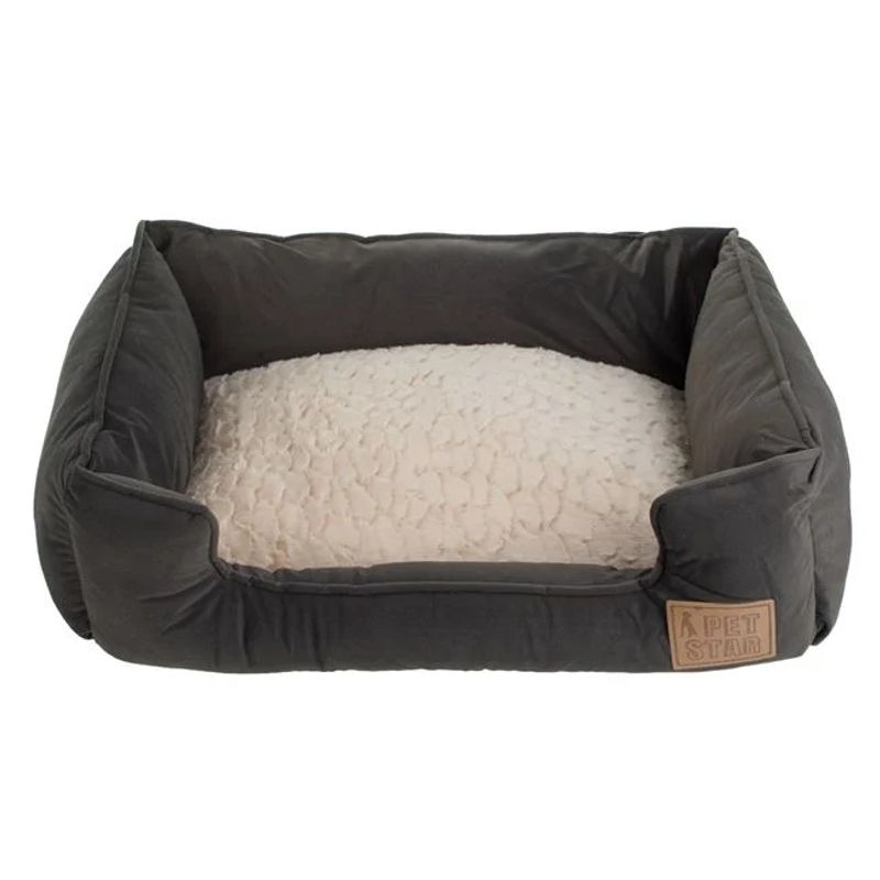 Petshop - Accesorii petshop - Culcusuri si custi - Culcusuri si saltele - Pat pentru caini, cu imitatie de blana, dreptunghiular, dimensiuni 61x49x18cm, bej-negru - Infinity.ro