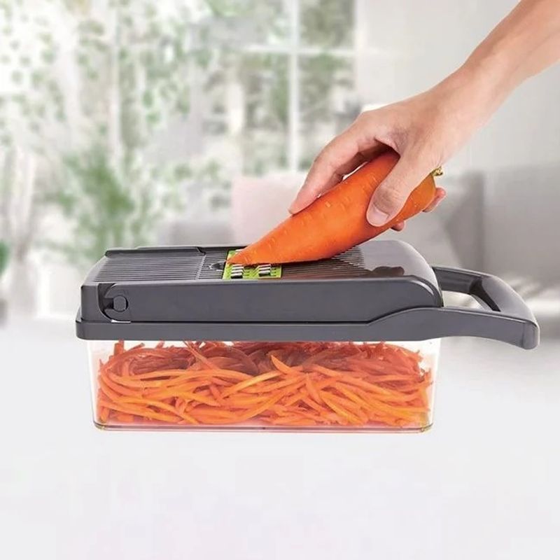 Casa si Gradina - Bucatarie si vesela - Ustensile bucatarie - Tocatoare de bucatarie - Set tocator legume si fructe, cu recipient si 12 accesorii, dimensiuni 33x12x12cm, verde-gri - Infinity.ro