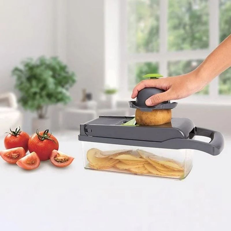 Casa si Gradina - Bucatarie si vesela - Ustensile bucatarie - Tocatoare de bucatarie - Set tocator legume si fructe, cu recipient si 12 accesorii, dimensiuni 33x12x12cm, verde-gri - Infinity.ro