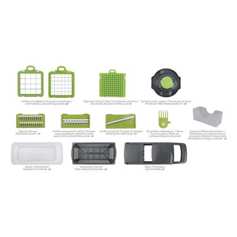Casa si Gradina - Bucatarie si vesela - Ustensile bucatarie - Tocatoare de bucatarie - Set tocator legume si fructe, cu recipient si 12 accesorii, dimensiuni 33x12x12cm, verde-gri - Infinity.ro