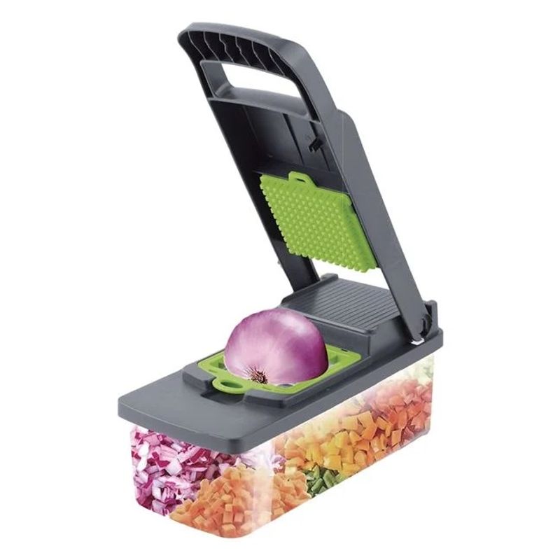 Casa si Gradina - Bucatarie si vesela - Ustensile bucatarie - Tocatoare de bucatarie - Set tocator legume si fructe, cu recipient si 12 accesorii, dimensiuni 33x12x12cm, verde-gri - Infinity.ro