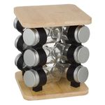 Casa si Gradina - Bucatarie si vesela - Organizare si depozitare bucatarie - Suporturi tacamuri si vase - Suport rotativ pentru condimente, din lemn, cu 12 recipiente din sticla, dimensiuni 17.5x17.5x21.5cm, transparent - Infinity.ro