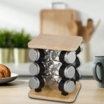 Casa si Gradina - Bucatarie si vesela - Organizare si depozitare bucatarie - Suporturi tacamuri si vase - Suport rotativ pentru condimente, din lemn, cu 12 recipiente din sticla, dimensiuni 17.5x17.5x21.5cm, transparent - Infinity.ro