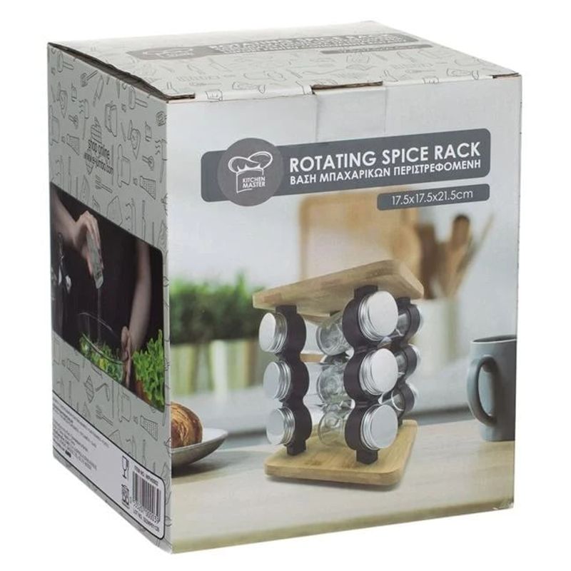 Casa si Gradina - Bucatarie si vesela - Organizare si depozitare bucatarie - Suporturi tacamuri si vase - Suport rotativ pentru condimente, din lemn, cu 12 recipiente din sticla, dimensiuni 17.5x17.5x21.5cm, transparent - Infinity.ro