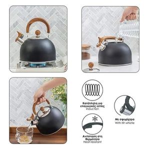 Ceainic din otel inoxidabil, cu maner din lemn, capac detasabil, capacitate 1.5L, negru