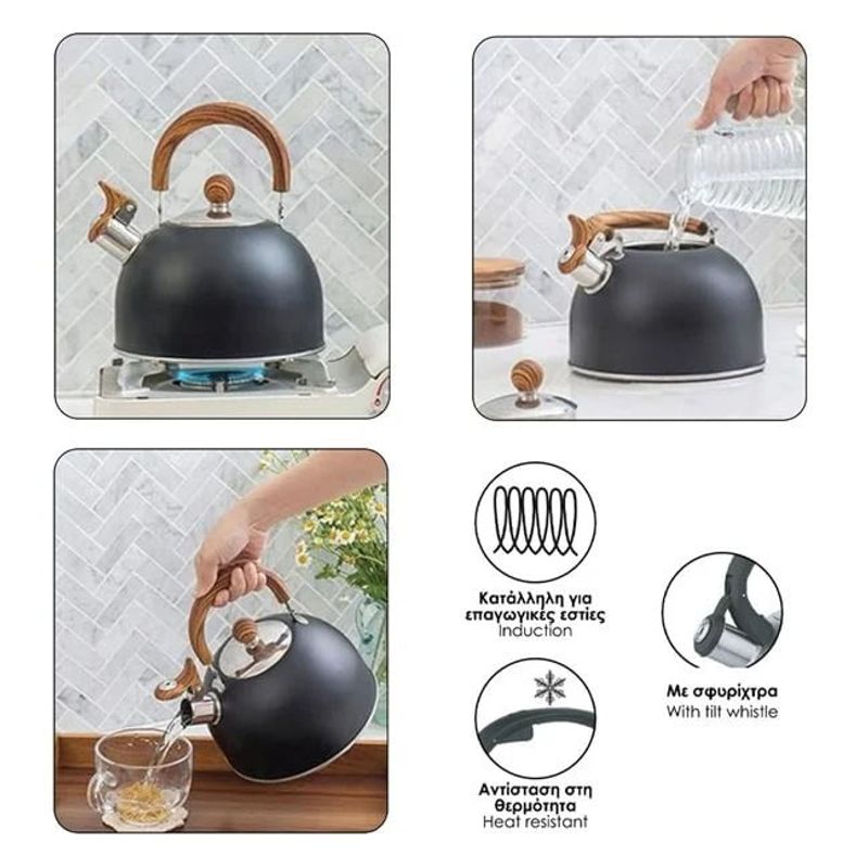 Casa si Gradina - Bucatarie si vesela - Vase pentru gatit - Ceainice si infuzoare - Ceainic din otel inoxidabil, cu maner din lemn, capac detasabil, capacitate 1.5L, negru - Infinity.ro