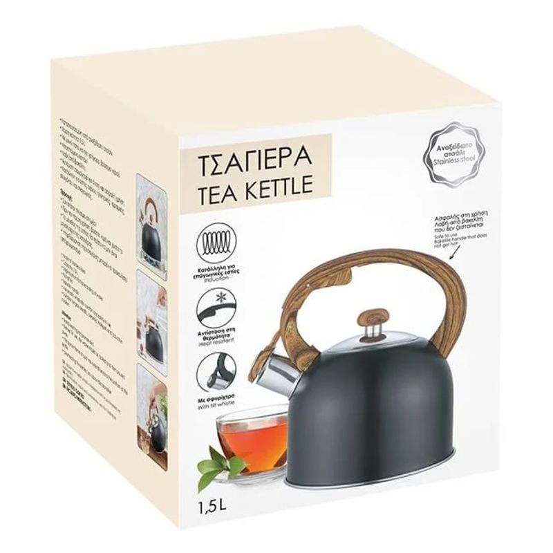 Casa si Gradina - Bucatarie si vesela - Vase pentru gatit - Ceainice si infuzoare - Ceainic din otel inoxidabil, cu maner din lemn, capac detasabil, capacitate 1.5L, negru - Infinity.ro
