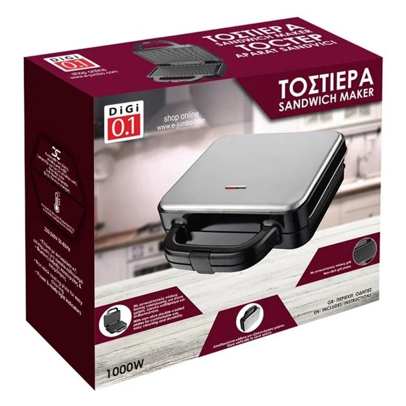 Electronice si Electrocasnice - Electrocasnice bucatarie - Preparare paine - Sandwich-maker - Aparat pentru sandwich, din otel inoxidabil, putere 1000W, negru-argintiu - Infinity.ro