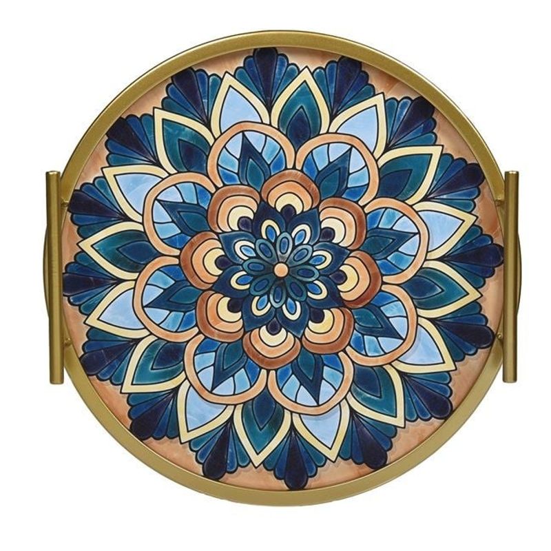 Casa si Gradina - Decoratiuni - Obiecte decorative - Vaze si boluri decorative - Tava decorativa pentru servit cu inel si manere, metalica, rotunda, cu design de tip mandala, Ø35 cm, auriu/bleu - Infinity.ro
