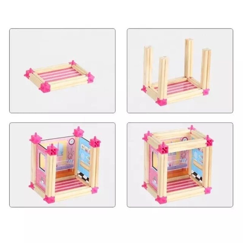 Jucarii, Copii si Bebe - Jucarii si jocuri - Papusi si accesorii - Casute de papusi si mobilier - Set de construit cu 298 piese, casuta papusi din lemn, pentru copii 3 ani+, roz-multicolor - Infinity.ro