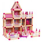 Jucarii, Copii si Bebe - Jucarii si jocuri - Papusi si accesorii - Casute de papusi si mobilier - Set de construit cu 298 piese, casuta papusi din lemn, pentru copii 3 ani+, roz-multicolor - Infinity.ro