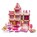Jucarii, Copii si Bebe - Jucarii si jocuri - Papusi si accesorii - Casute de papusi si mobilier - Set de construit cu 298 piese, casuta papusi din lemn, pentru copii 3 ani+, roz-multicolor - Infinity.ro
