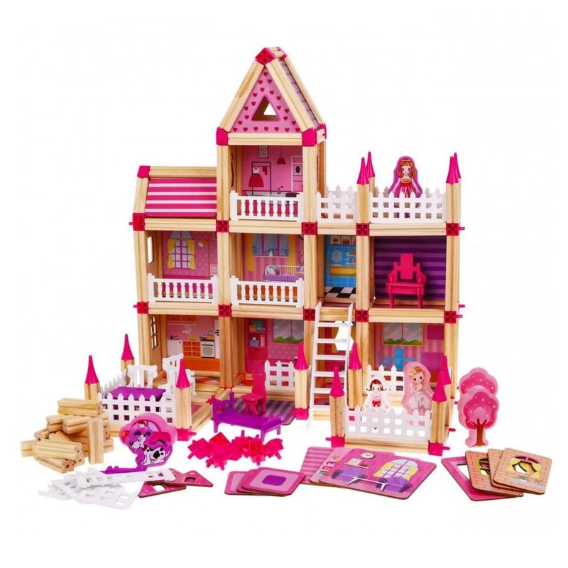 Jucarii, Copii si Bebe - Jucarii si jocuri - Papusi si accesorii - Casute de papusi si mobilier - Set de construit cu 298 piese, casuta papusi din lemn, pentru copii 3 ani+, roz-multicolor - Infinity.ro