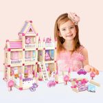 Jucarii, Copii si Bebe - Jucarii si jocuri - Papusi si accesorii - Casute de papusi si mobilier - Set de construit cu 298 piese, casuta papusi din lemn, pentru copii 3 ani+, roz-multicolor - Infinity.ro