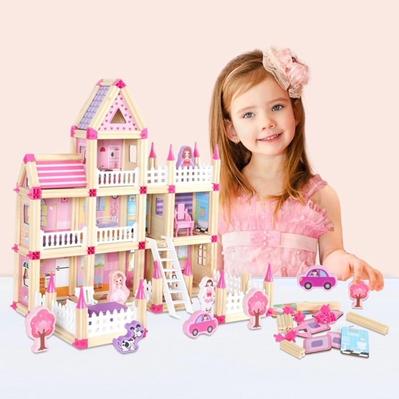 Jucarii, Copii si Bebe - Jucarii si jocuri - Papusi si accesorii - Casute de papusi si mobilier - Set de construit cu 298 piese, casuta papusi din lemn, pentru copii 3 ani+, roz-multicolor - Infinity.ro