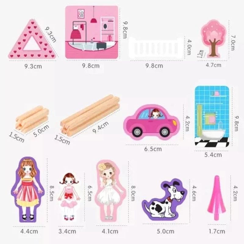 Jucarii, Copii si Bebe - Jucarii si jocuri - Papusi si accesorii - Casute de papusi si mobilier - Set de construit cu 298 piese, casuta papusi din lemn, pentru copii 3 ani+, roz-multicolor - Infinity.ro