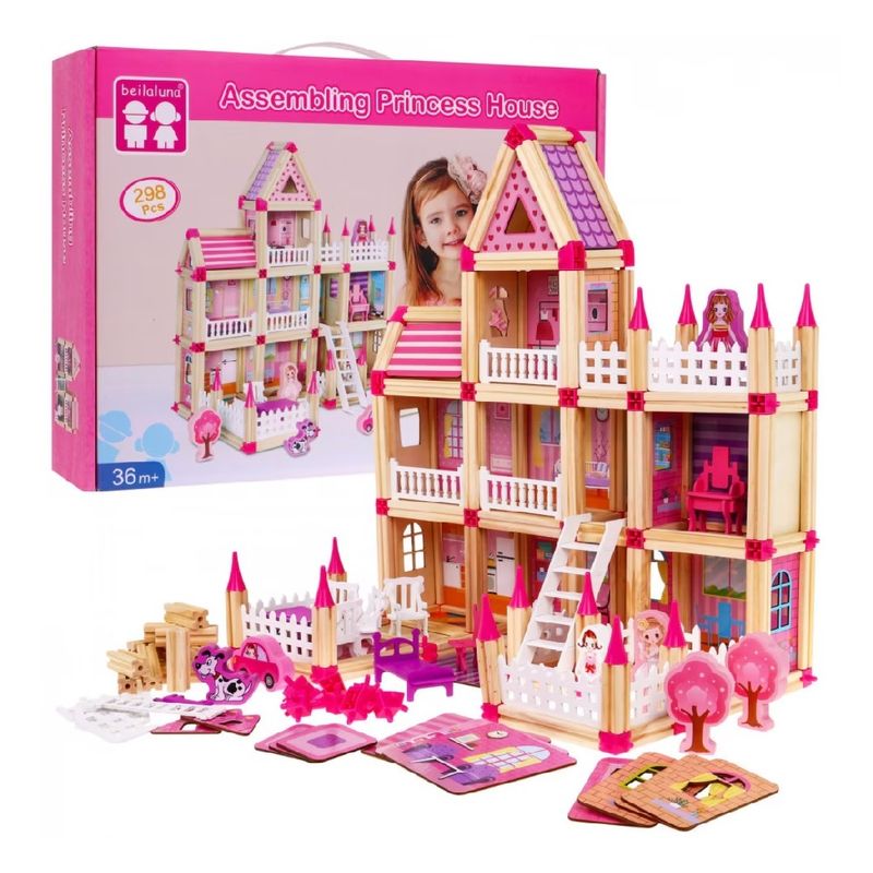 Jucarii, Copii si Bebe - Jucarii si jocuri - Papusi si accesorii - Casute de papusi si mobilier - Set de construit cu 298 piese, casuta papusi din lemn, pentru copii 3 ani+, roz-multicolor - Infinity.ro