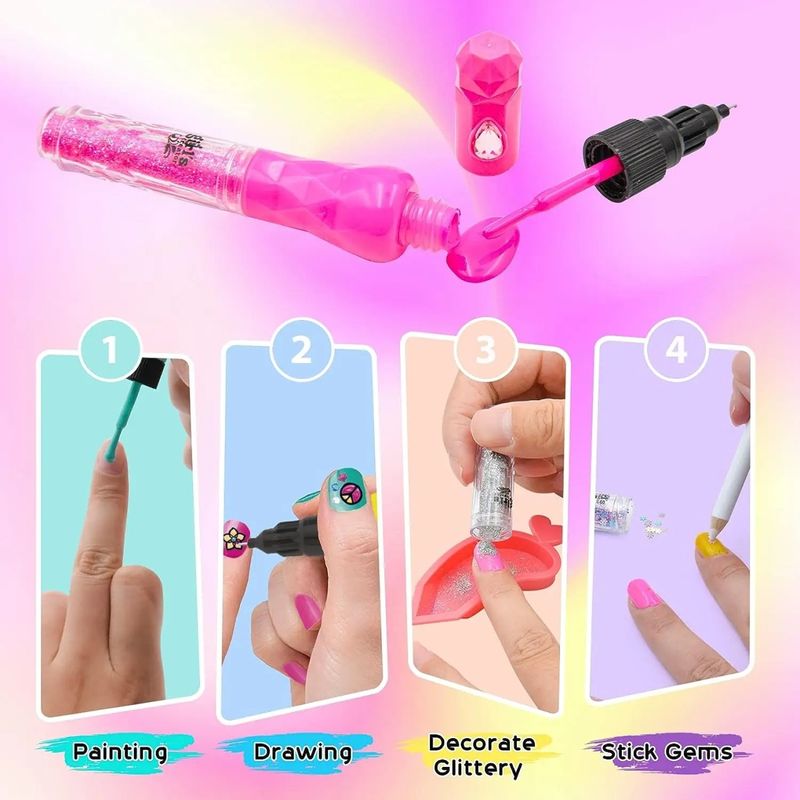 Jucarii, Copii si Bebe - Jucarii si jocuri - Jucarii de rol - Frumusete, bijuterii si accesorii fetite - Set Mini Salon de Manichiura pentru Copii 6 ani+, cu 6 Markere si Accesorii pentru o Manichiura Creativa, Multicolor - Infinity.ro