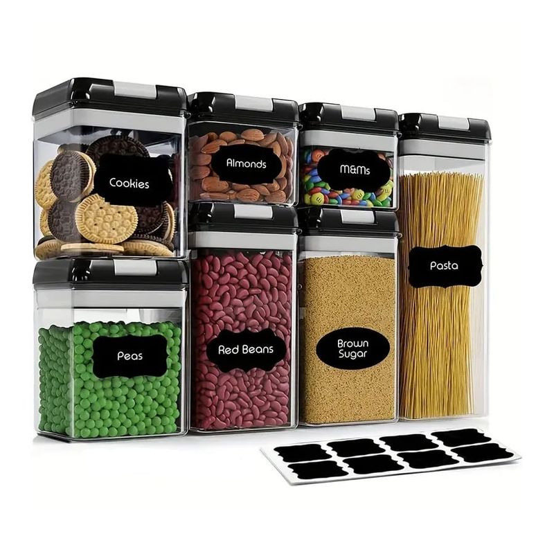 Casa si Gradina - Mobilier - Organizare si depozitare - Recipiente depozitare - Set cu 7 cutii ermetice pentru alimente, design stivuibil, plastic, capac negru, recipient transparent - Infinity.ro