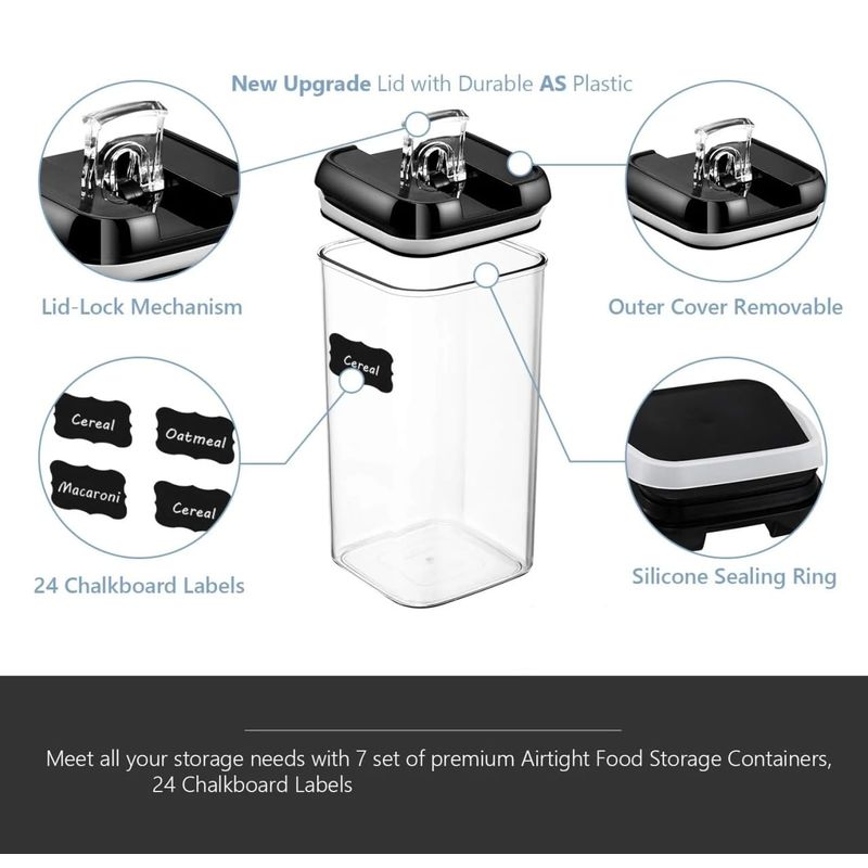 Casa si Gradina - Mobilier - Organizare si depozitare - Recipiente depozitare - Set cu 7 cutii ermetice pentru alimente, design stivuibil, plastic, capac negru, recipient transparent - Infinity.ro