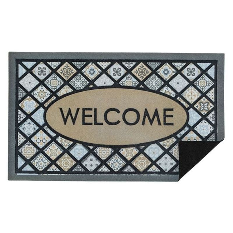 Casa si Gradina - Textile si covoare - Covoare - Covorase intrare - Covoras pentru intrare din cauciuc cu suprafata textila, model tiles cu mesajul WELCOME, 75x45 cm, gri - Infinity.ro