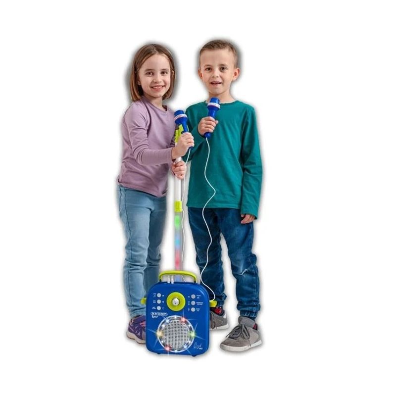 Jucarii, Copii si Bebe - Jucarii si jocuri - Jucarii de rol - Instrumente muzicale de jucarie - Microfon Karaoke cu Stand, Sunet si Lumini, Functii multiple, 5ani+, 27x10x49.5cm, albastru - Infinity.ro