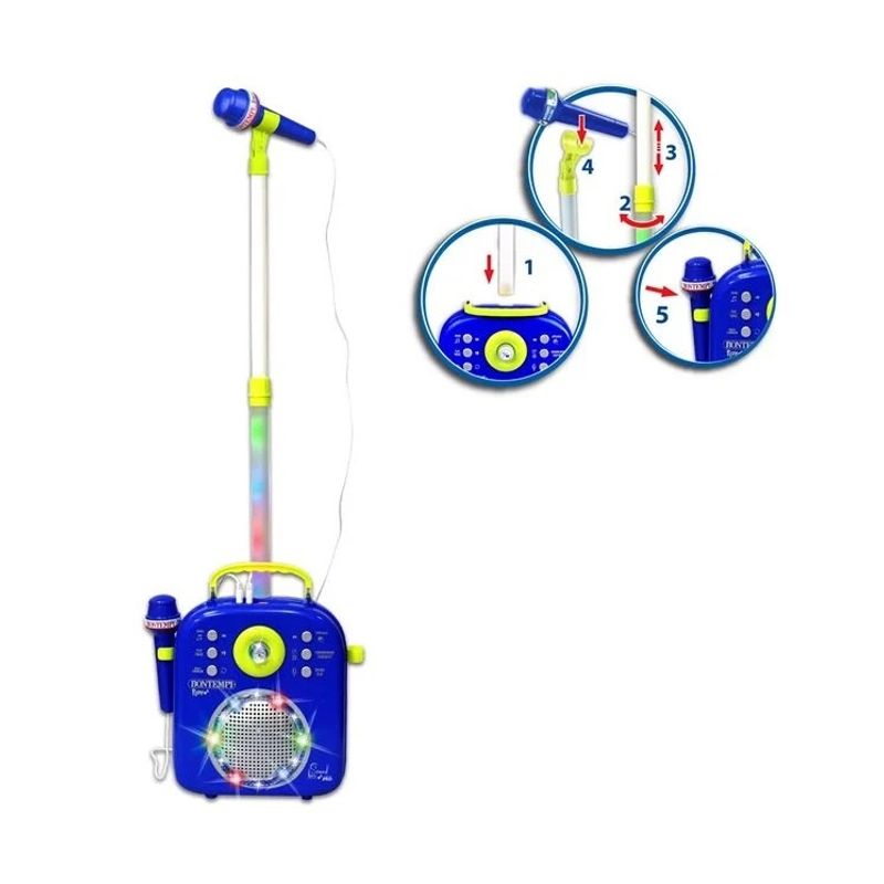 Jucarii, Copii si Bebe - Jucarii si jocuri - Jucarii de rol - Instrumente muzicale de jucarie - Microfon Karaoke cu Stand, Sunet si Lumini, Functii multiple, 5ani+, 27x10x49.5cm, albastru - Infinity.ro