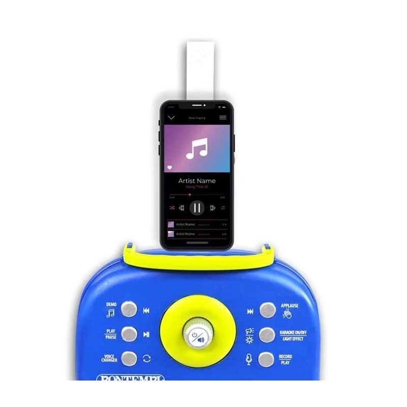 Jucarii, Copii si Bebe - Jucarii si jocuri - Jucarii de rol - Instrumente muzicale de jucarie - Microfon Karaoke cu Stand, Sunet si Lumini, Functii multiple, 5ani+, 27x10x49.5cm, albastru - Infinity.ro
