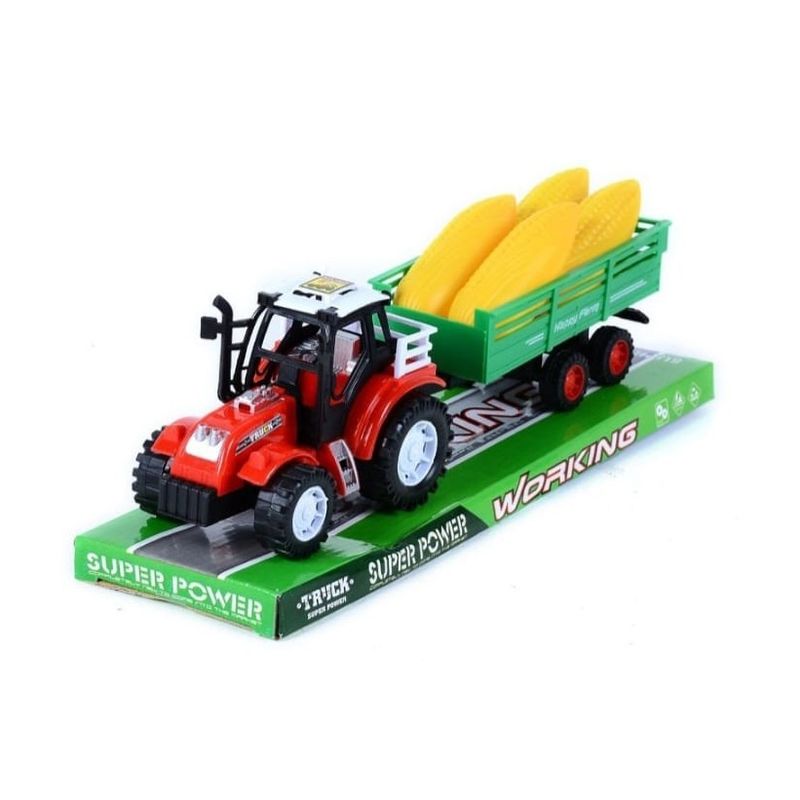 Jucarii, Copii si Bebe - Jucarii si jocuri - Vehicule si jucarii cu telecomanda - Utilaje constructie de jucarie - Tractor de jucarie cu remorca si 4 porumbi, de frictiune, pentru copii 3 + ani, 39cm lungime, rosu-verde - Infinity.ro