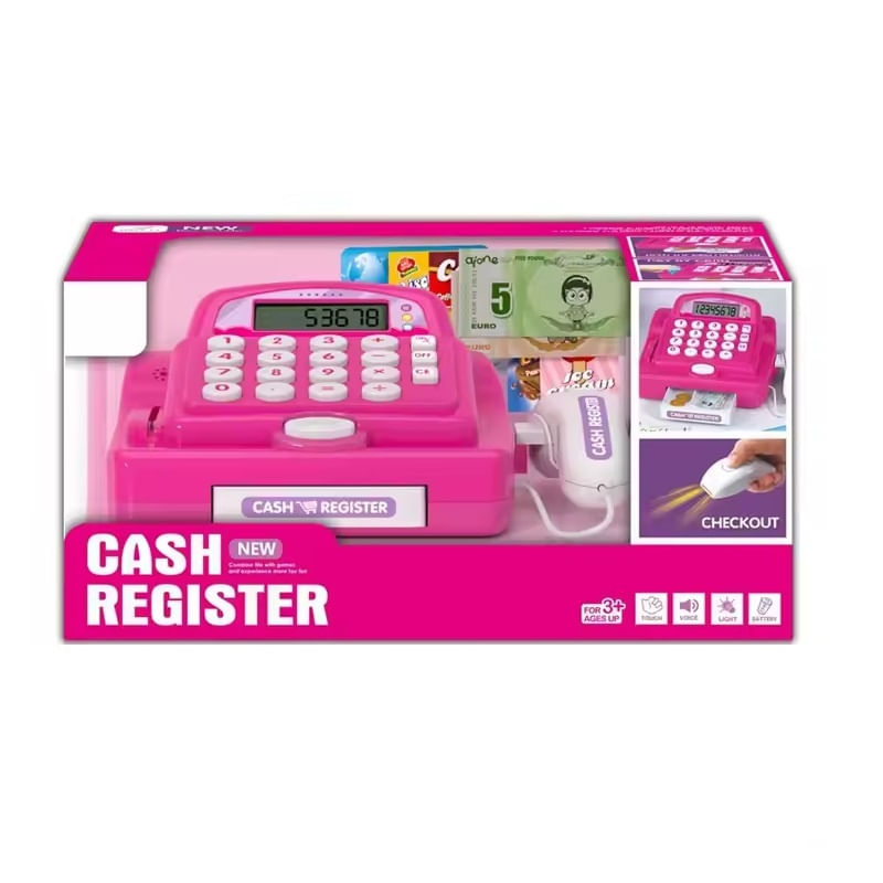 Jucarii, Copii si Bebe - Jucarii si jocuri - Jucarii de rol - Set joaca supermarket - Casa de marcat de jucarie, cu card, bani si produse incluse, pentru copii 3+ ani, 20.5x13x8 cm, roz - Infinity.ro