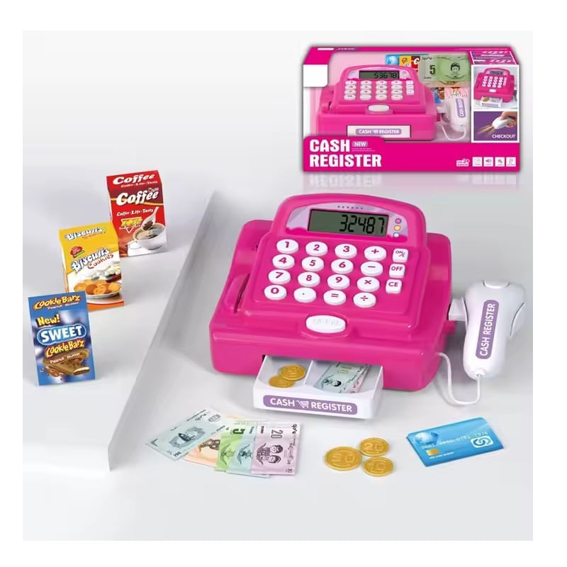 Jucarii, Copii si Bebe - Jucarii si jocuri - Jucarii de rol - Set joaca supermarket - Casa de marcat de jucarie, cu card, bani si produse incluse, pentru copii 3+ ani, 20.5x13x8 cm, roz - Infinity.ro