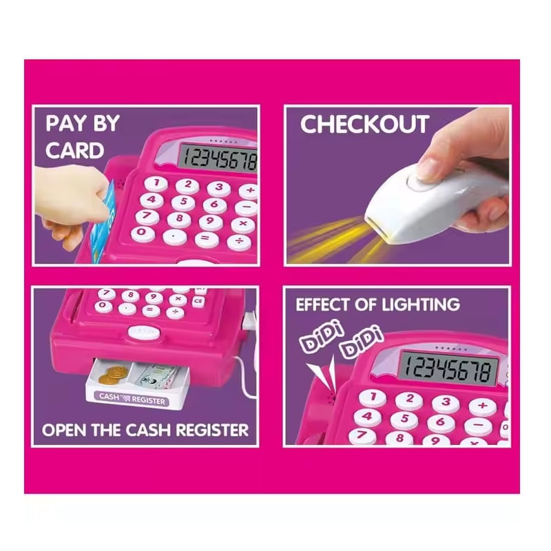 Jucarii, Copii si Bebe - Jucarii si jocuri - Jucarii de rol - Set joaca supermarket - Casa de marcat de jucarie, cu card, bani si produse incluse, pentru copii 3+ ani, 20.5x13x8 cm, roz - Infinity.ro