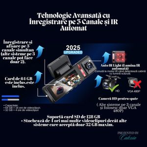 Camera Auto Tripla de Bord SafePro 6 in 1, 4K UHD, Night Vision,GPS,WIFI,WDR, G-Senzor, Ecran IPS 3.16 Inch, Card 64 GB
