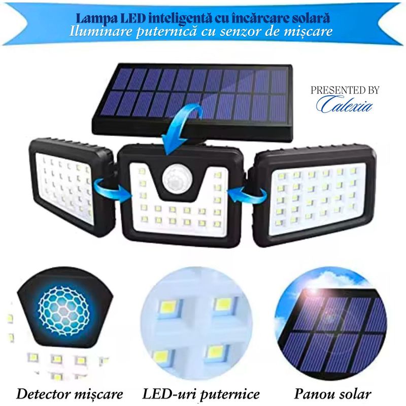 Casa si Gradina - Corpuri si surse de iluminat - Iluminat exterior - Lampi solare - Set 2 Lampi LED e-Wantay 3 in 1 cu incarcare solara pentru Exterior– 82 LED-uri Puternice, Reglabila, Senzor de Miscare - Infinity.ro