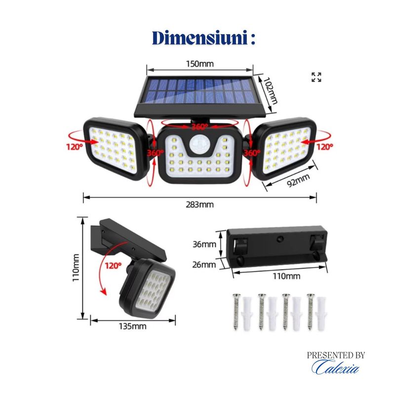 Casa si Gradina - Corpuri si surse de iluminat - Iluminat exterior - Lampi solare - Set 2 Lampi LED e-Wantay 3 in 1 cu incarcare solara pentru Exterior– 82 LED-uri Puternice, Reglabila, Senzor de Miscare - Infinity.ro