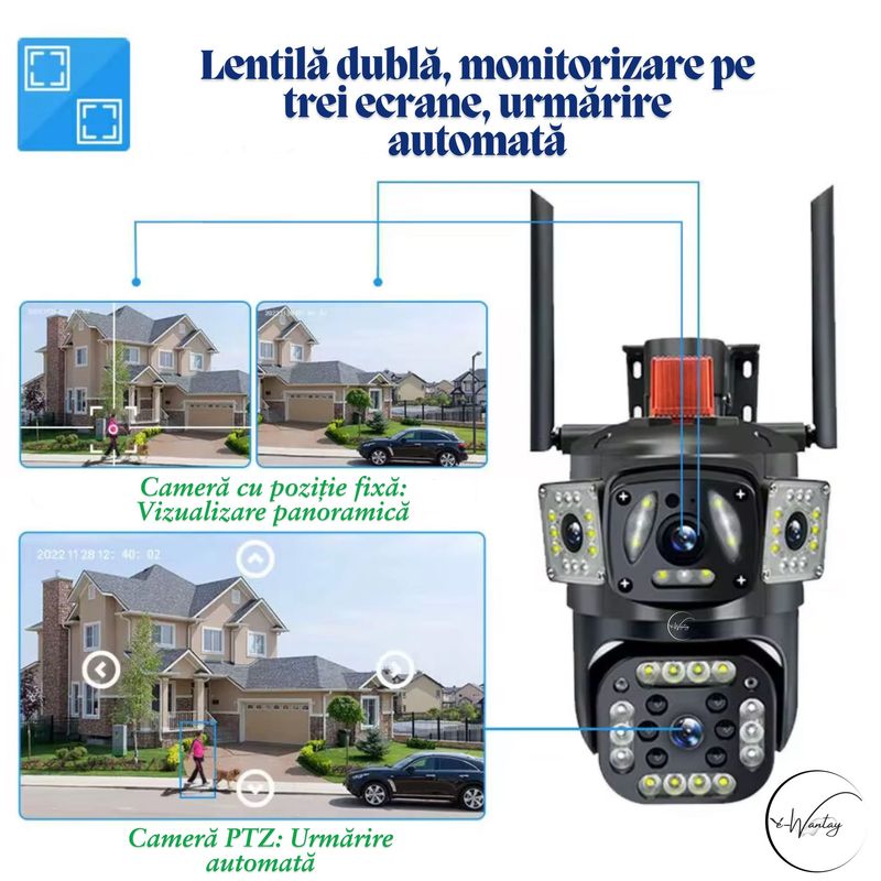 Casa si Gradina - Electrice - Smart Home - Camere de supraveghere - Camera de Supraveghere 2 in 1, e-Wantay® Vision 355°, Wi-Fi, Full HD, PTZ, Vedere Nocturna, Alarma, Detectare Miscare - Infinity.ro