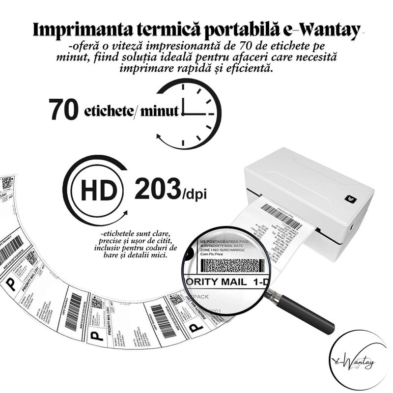 PC, gaming si accesorii - Imprimante, scanere & consumabile - Imprimante - Imprimante termice - Imprimanta termica portabila e-Wantay® High Quality, Bluetooth & USB, Compatibilitate universala, etichete & AWB-uri - Infinity.ro