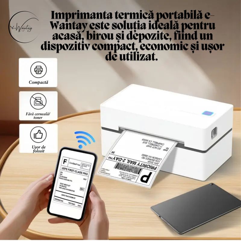 PC, gaming si accesorii - Imprimante, scanere & consumabile - Imprimante - Imprimante termice - Imprimanta termica portabila e-Wantay® High Quality, Bluetooth & USB, Compatibilitate universala, etichete & AWB-uri - Infinity.ro