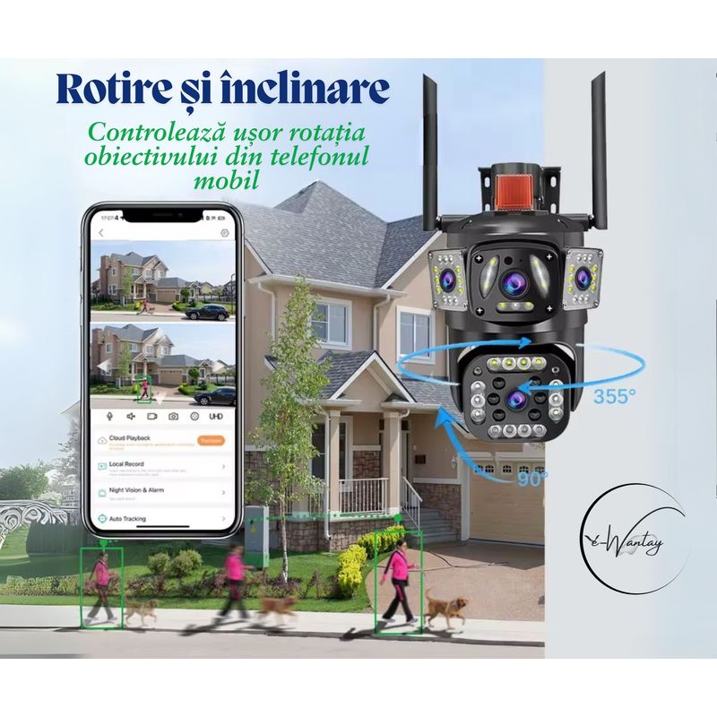 Casa si Gradina - Electrice - Smart Home - Camere de supraveghere - Camera de Supraveghere 2 in 1, e-Wantay® Vision 355°, Wi-Fi, Full HD, PTZ, Vedere Nocturna, Alarma, Detectare Miscare - Infinity.ro