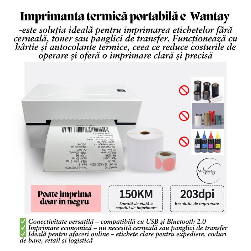PC, gaming si accesorii - Imprimante, scanere & consumabile - Imprimante - Imprimante termice - Imprimanta termica portabila e-Wantay® High Quality, Bluetooth & USB, Compatibilitate universala, etichete & AWB-uri - Infinity.ro