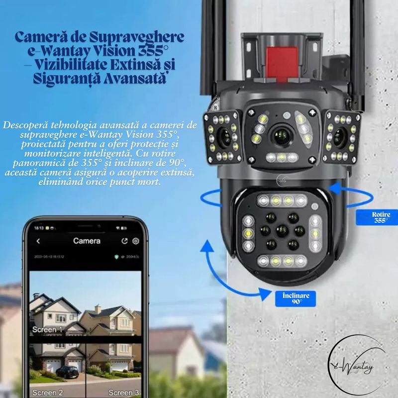 Casa si Gradina - Electrice - Smart Home - Camere de supraveghere - Camera de Supraveghere 2 in 1, e-Wantay® Vision 355°, Wi-Fi, Full HD, PTZ, Vedere Nocturna, Alarma, Detectare Miscare - Infinity.ro