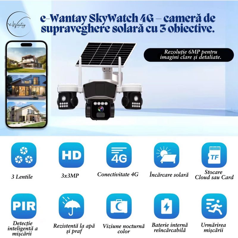 Casa si Gradina - Electrice - Smart Home - Camere de supraveghere - Camera de Supraveghere e-Wantay® SkyWatch 4G 3 in 1 cu SIM,Ultra HD,16000 mAh,Alarma, Bidirectionala si Vedere Nocturna - Infinity.ro