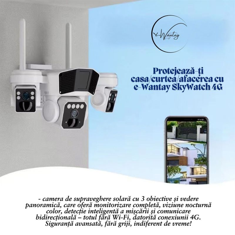 Casa si Gradina - Electrice - Smart Home - Camere de supraveghere - Camera de Supraveghere e-Wantay® SkyWatch 4G 3 in 1 cu SIM,Ultra HD,16000 mAh,Alarma, Bidirectionala si Vedere Nocturna - Infinity.ro