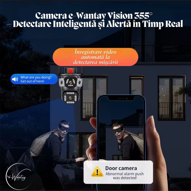 Casa si Gradina - Electrice - Smart Home - Camere de supraveghere - Camera de Supraveghere 2 in 1, e-Wantay® Vision 355°, Wi-Fi, Full HD, PTZ, Vedere Nocturna, Alarma, Detectare Miscare - Infinity.ro