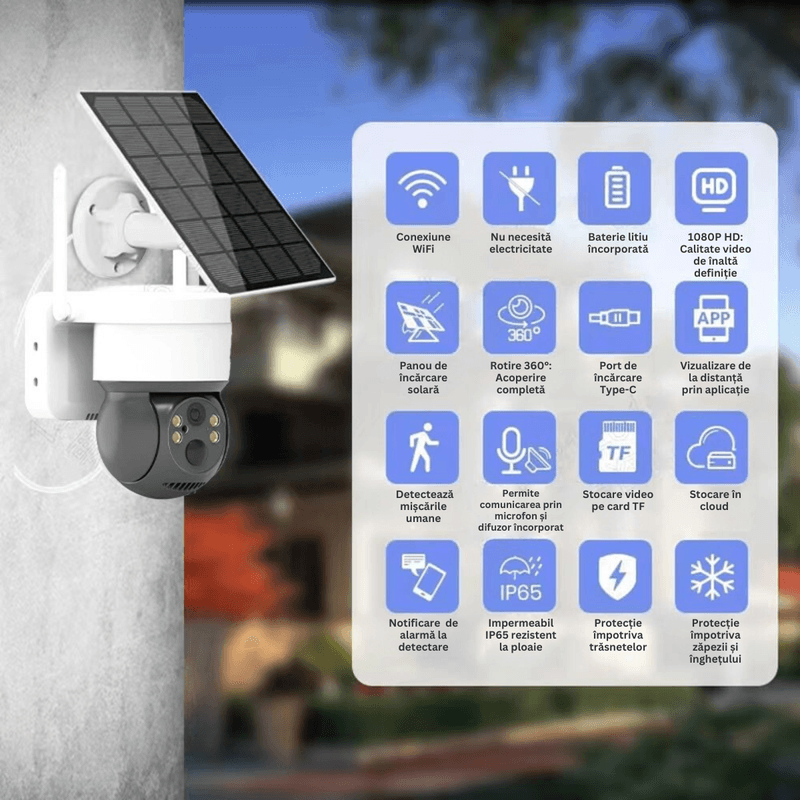 Casa si Gradina - Electrice - Smart Home - Camere de supraveghere - Camera Supraveghere Wireless Exterior cu Incarcare Solara, Vizualizare 360°, Conectare Telefon, WIFI, 1080P FullHD - Infinity.ro