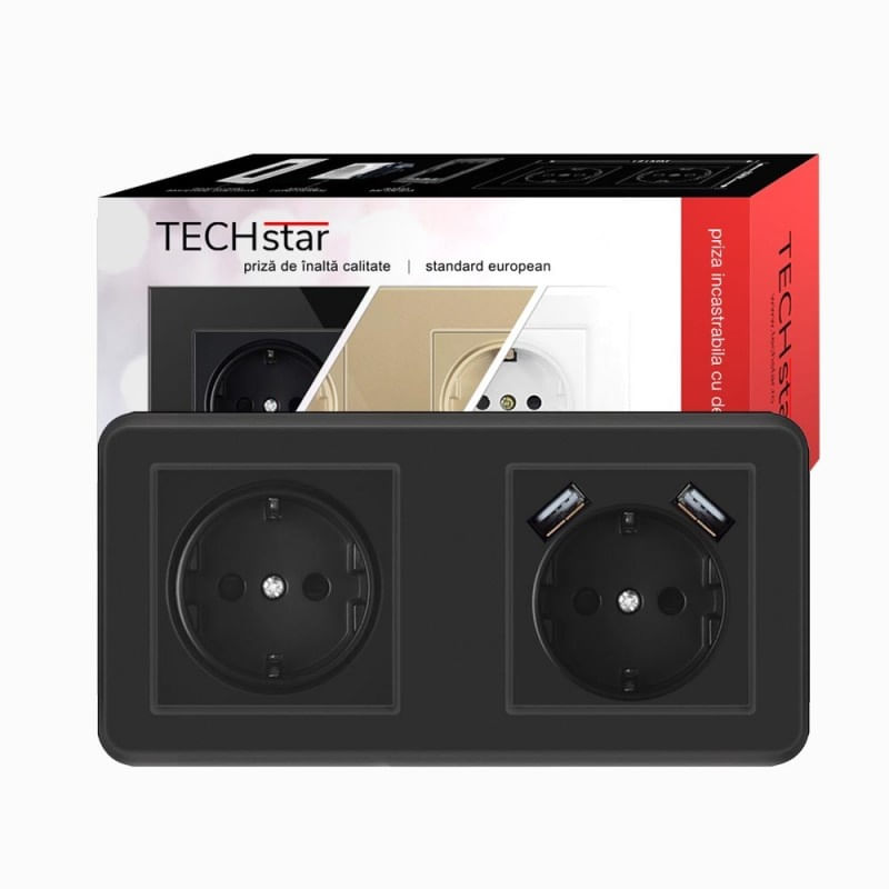 Casa si Gradina - Electrice - Prize - Priza Techstar® PCU2, Dubla, 2 x USB, 2.1 A, Culoare Negru, Policarbonat, 16A - Infinity.ro