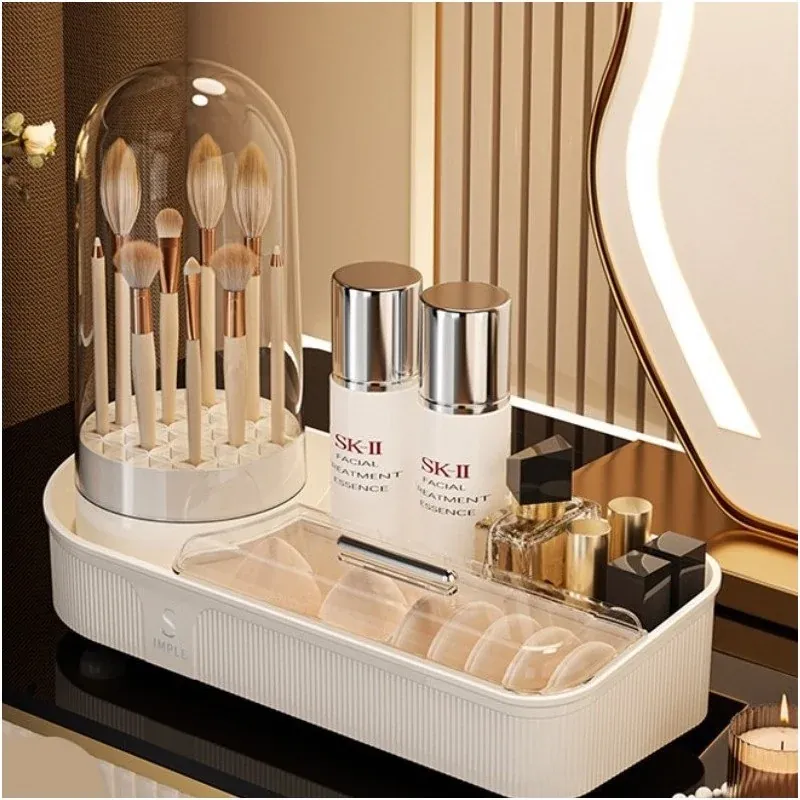 Ingrijire personala si Cosmetice - Machiaj - Portfarduri si genti cosmetice - Organizator elegant pentru pensule si produse cosmetice cu suport rotativ, 33,5 x 28 x 14 cm, Gonga® Crem - Infinity.ro